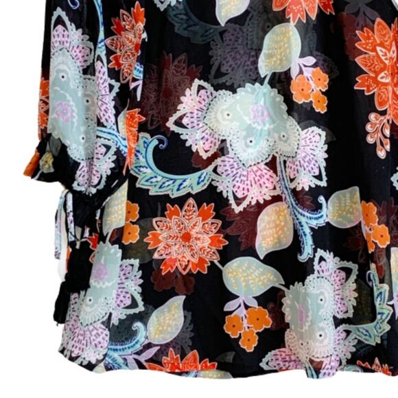 RAGA Anthropologie Blouse Tassel 3/4 Sleeve V-Neck Black Orange Floral Top Small - Picture 14 of 15